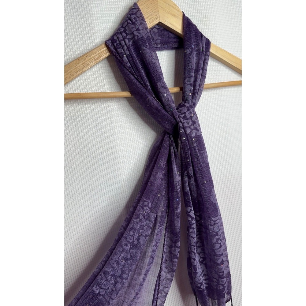 Purple Sheer Burnout Leopard Floral Rhinestone Fringe Scarf Womens Accessory